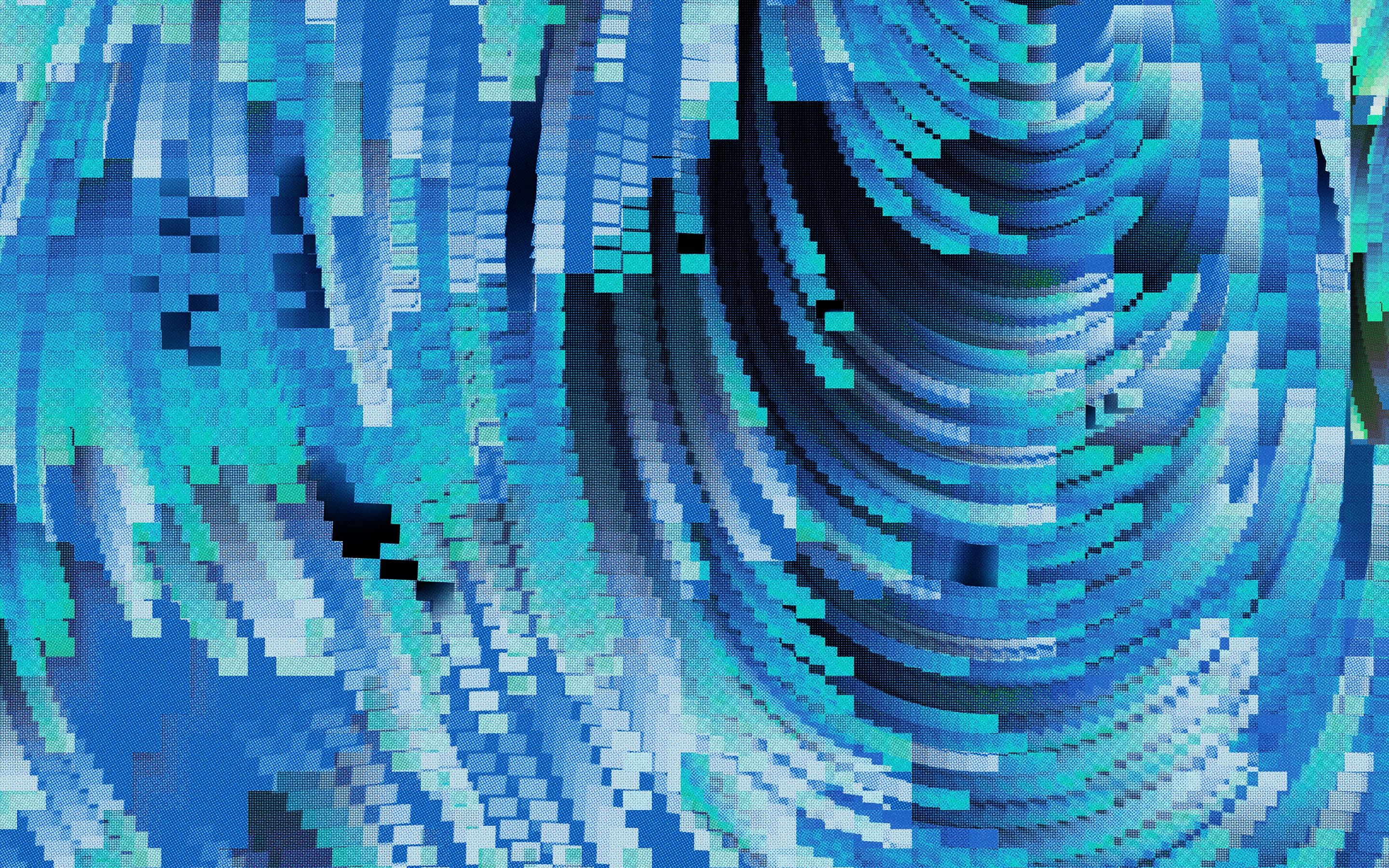 Abstract digital art with pixelated circular and wave patterns in shades of blue, turquoise, and black.