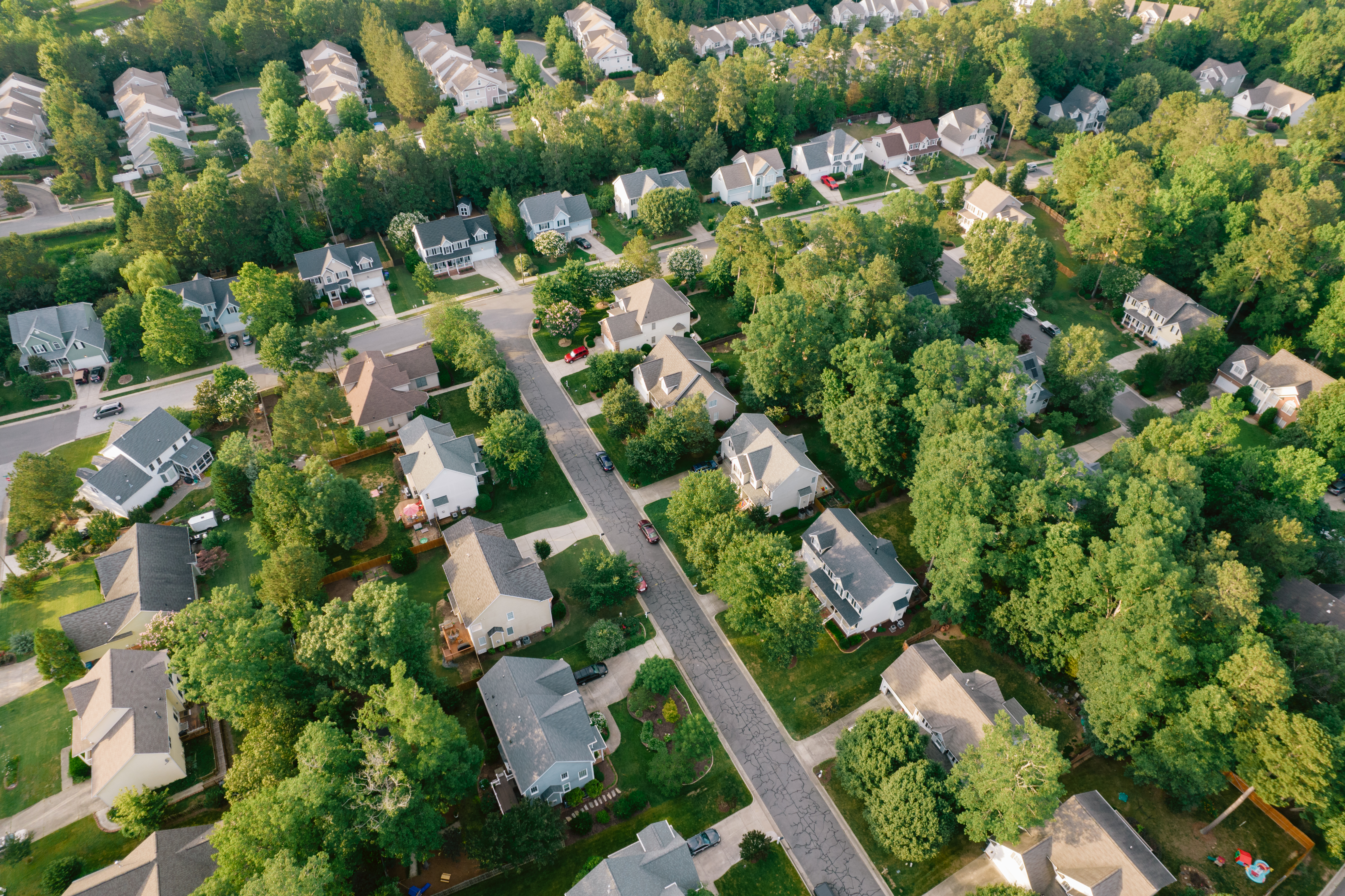 Aerial view of residential households in an American suburb