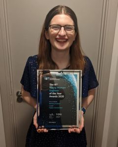 Beth Probert - holding award for finalist for IET Young Woman Engineer of the Year