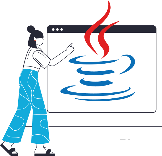 ikona z osobą wskazującą na logo technologii java, ktora wyswietla się na ekranie