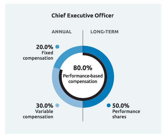 Dyrektor generalny (CEO) 20% Wynagrodzenie stałe 30% Wynagrodzenie zmienne 50% Akcje za wyniki