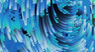 Abstract digital artwork featuring concentric pixelated arcs and rectangles in shades of blue and teal, creating a sense of depth and motion